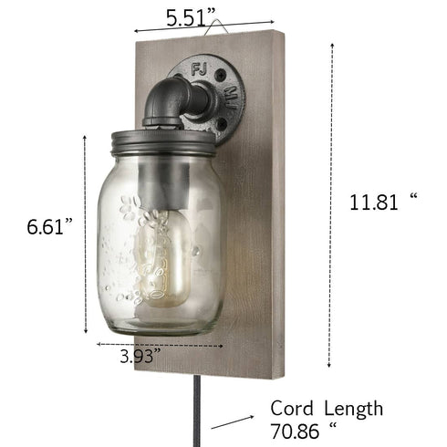 Rustic Plug-in Mason Jar Bedroom Wall Sconce Wood Plate 2-Pack