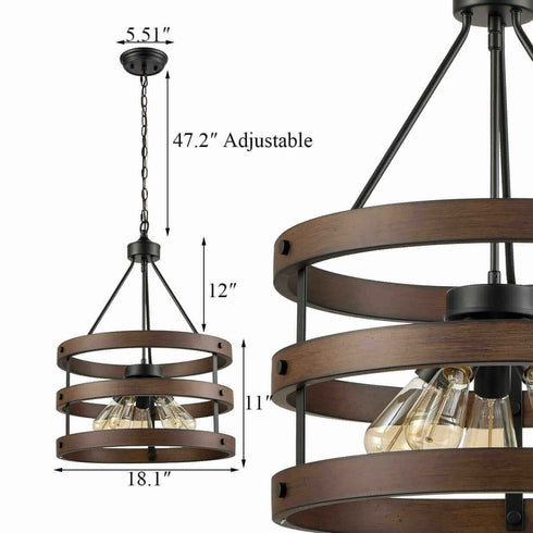 Rustic Wood Accent Circular Drum Chandeliers Vintage Large Pendant Light