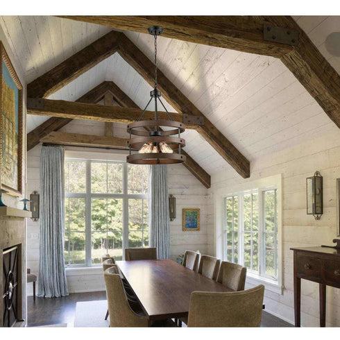 Rustic Wood Accent Circular Drum Chandeliers Vintage Large Pendant Light