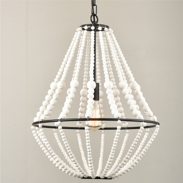 Rustic Wood Beaded Chandelier Distressed Off-White Finish