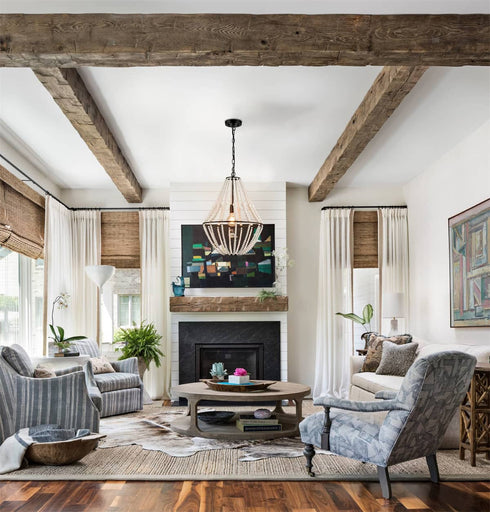 Rustic Wood Beaded Chandelier Distressed Off-White Finish