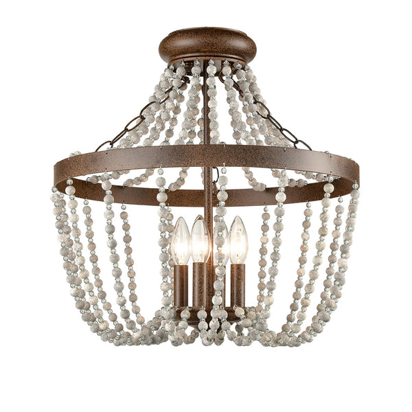 Rustic Wood and Crystal Bead Semi Flush Mounting Ceiling Light