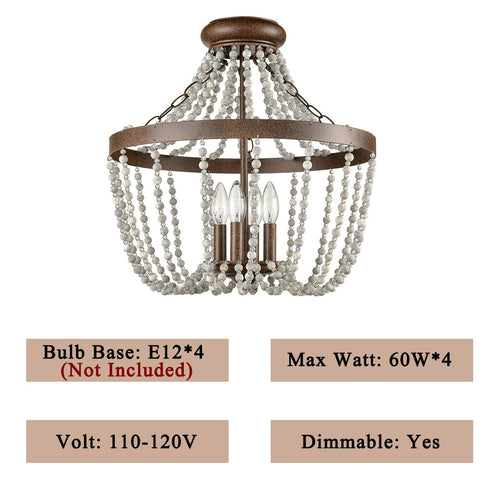 Rustic Wood and Crystal Bead Semi Flush Mounting Ceiling Light