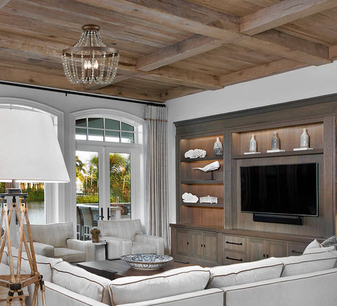 Rustic Wood and Crystal Bead Semi Flush Mounting Ceiling Light