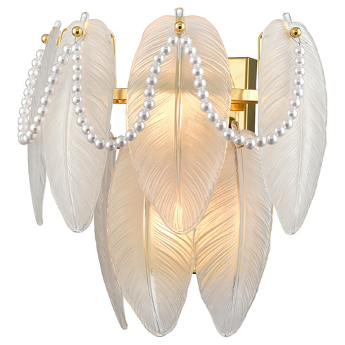 Vintage Wall Light Retro Wall Sconce 2-Light with Leaf Shape Frosted Glass and White Beads