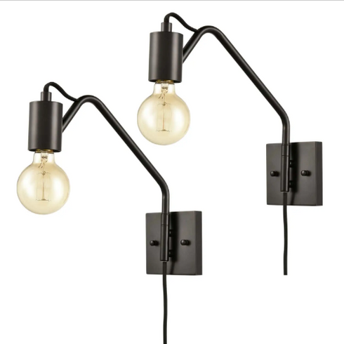 Morbegno Industrial Plug-in Wall Sconce Set of 2 Black Swing Arm Light