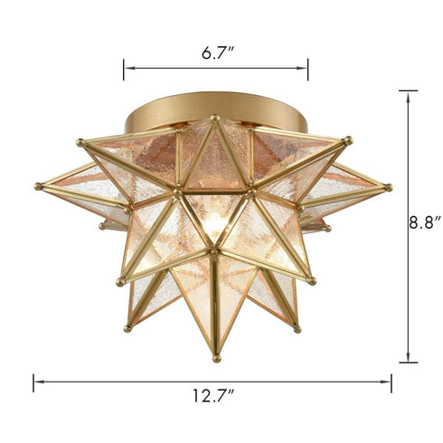 Seeded Glass Brass Moravian Star Ceiling Light Flush Mount