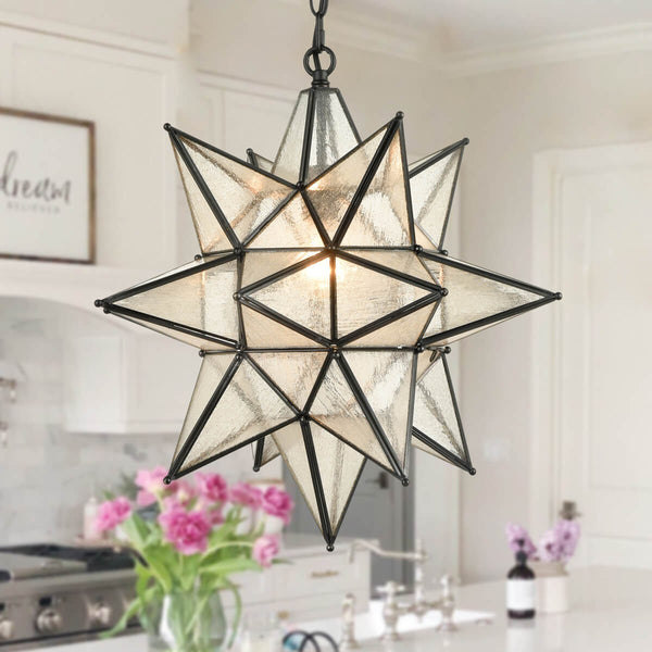 Seeded Glass Industrial Moravian Star Pendant Light 19 Inches