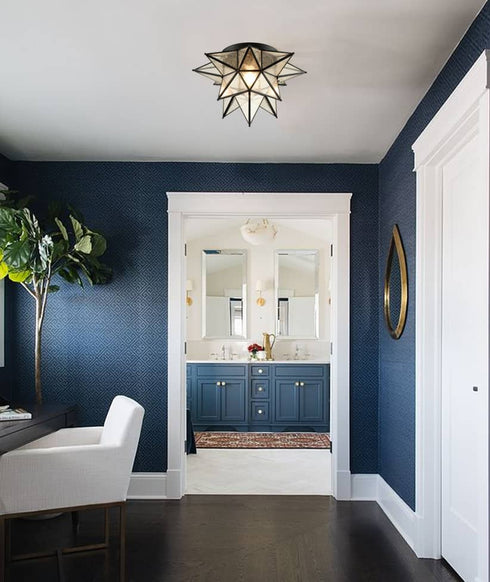 Seeded Glass Moravian Star Flush Mount Ceiling Light, 18-Inch, Black