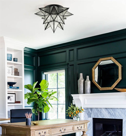Matera Seeded Glass Moravian Star Flush Mount Ceiling Light, 18-Inch, Black