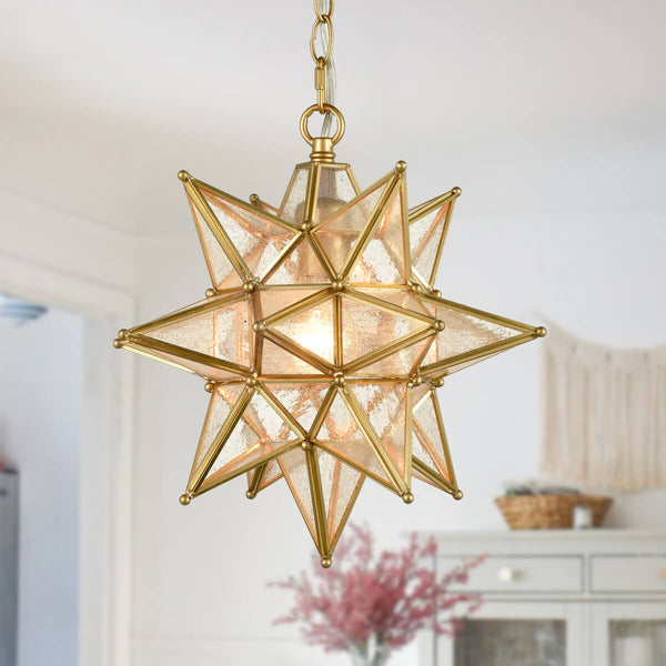 Seeded Glass Moravian Star Light Gold Pendant Lighting 13 Inches