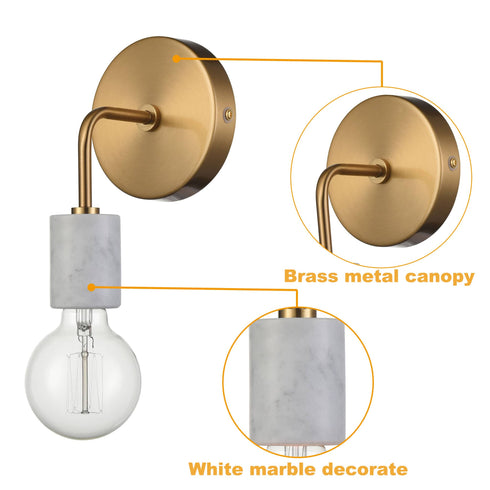 Set of 2 Brushed Brass Metal with White Marble Wall Light Fixture for Bedroom