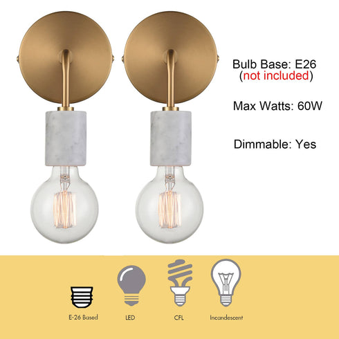 Set of 2 Brushed Brass Metal with White Marble Wall Light Fixture for Bedroom