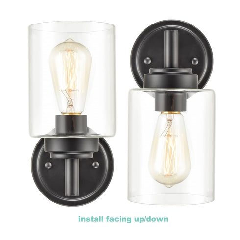 Set of 2 Modern Black Metal Wall Sconce with Cylindrical Clear Glass Shade for Bathroom