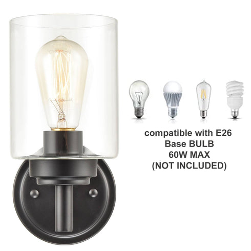 Set of 2 Modern Black Metal Wall Sconce with Cylindrical Clear Glass Shade for Bathroom