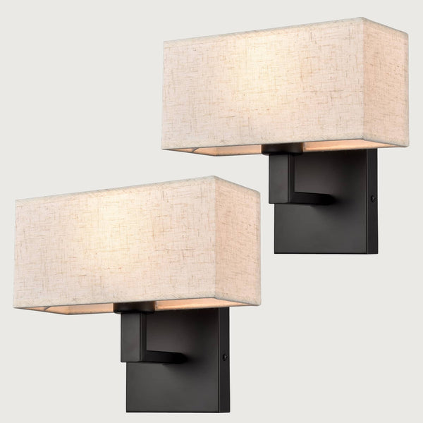 Set of 2 Modern Black metal with White Fabric Shade Wall Sconces for Bedroom