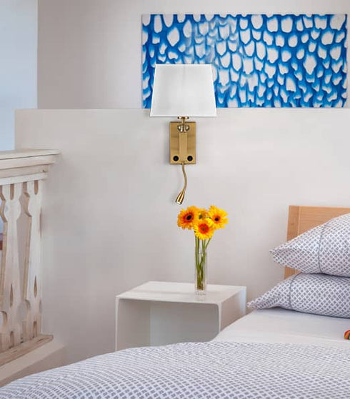 Set of 2 Modern Brass Gold with White Fabric Wall Sconces with USB Charging Port|Twin on/off Switch|LED Reading Light for bedroom