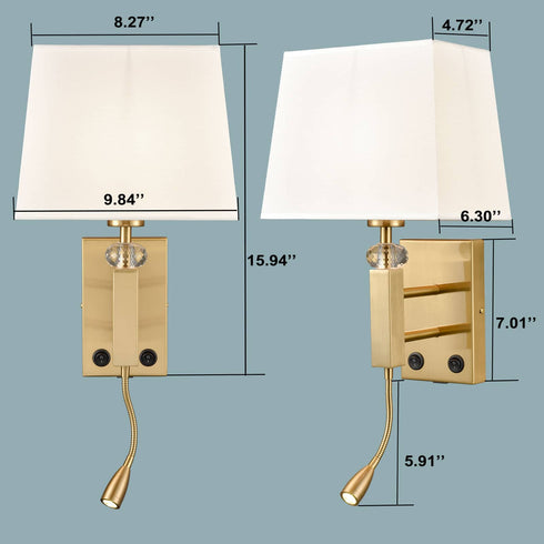 Set of 2 Modern Brass Gold with White Fabric Wall Sconces with USB Charging Port|Twin on/off Switch|LED Reading Light for bedroom