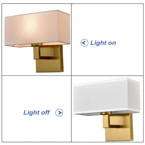Set of 2 Modern Brushed Brass Gold with White Fabric Shade Wall Sconces for Bedroom