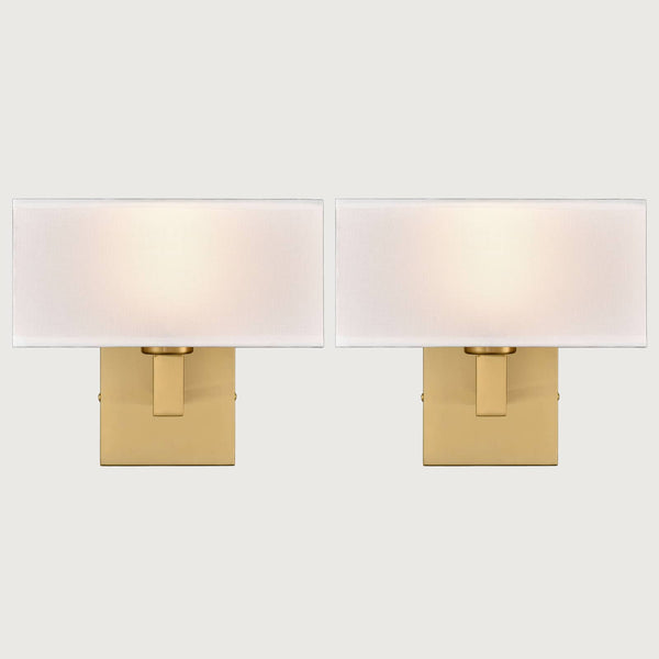 Set of 2 Modern Brushed Brass Gold with White Fabric Shade Wall Sconces for Bedroom
