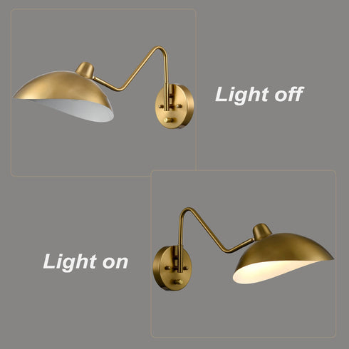 Set of 2 Modern Brass Metal Wall Sconce with On/Off Switch Plug-in or Hardwired Swing Arm Wall Light Fixture