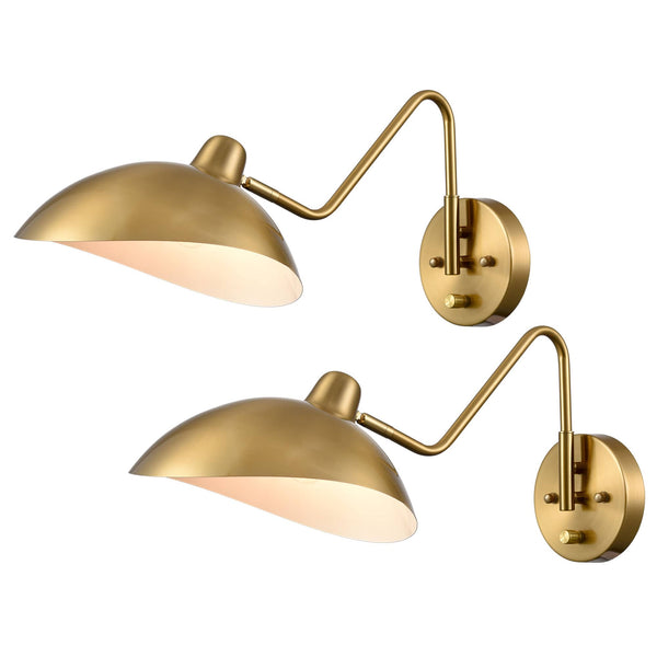 Set of 2 Modern Brass Metal Wall Sconce with On/Off Switch Plug-in or Hardwired Swing Arm Wall Light Fixture