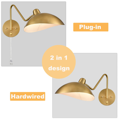 Set of 2 Modern Brass Metal Wall Sconce with On/Off Switch Plug-in or Hardwired Swing Arm Wall Light Fixture