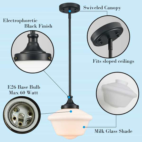 Black Schoolhouse Pendant Light Fixture with Milk Glass Shade