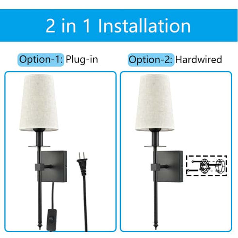 Slim Black Wall Sconces Set of Two Plug in Wall Lamps for Bedrooms