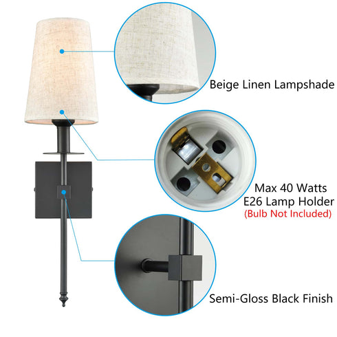 Slim Black Wall Sconces Set of Two Plug in Wall Lamps for Bedrooms
