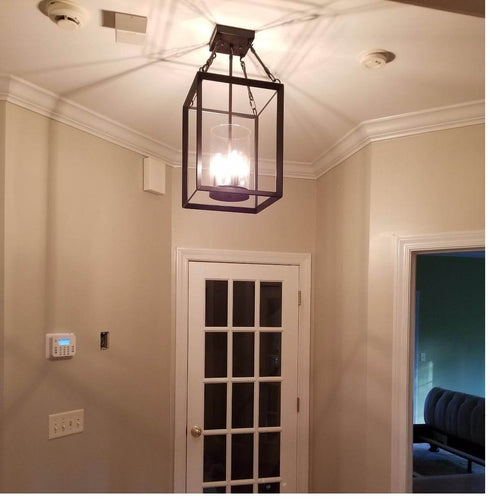 Square Caged Semi Flush Mount Ceiling Lights Wood Accent Chandeliers