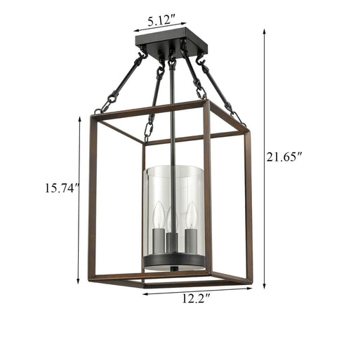 Square Caged Semi Flush Mount Ceiling Lights Wood Accent Chandeliers