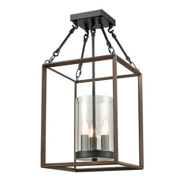 Square Caged Semi Flush Mount Ceiling Lights Wood Accent Chandeliers