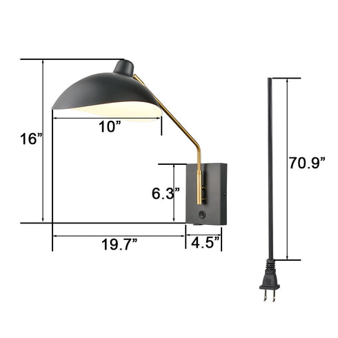 Swing Arm Wall Sconces Modern Black Plug-in Wall Lamp with USB Charge Port