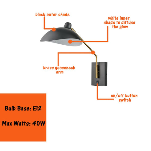 Swing Arm Wall Sconces Modern Black Plug-in Wall Lamp with USB Charge Port