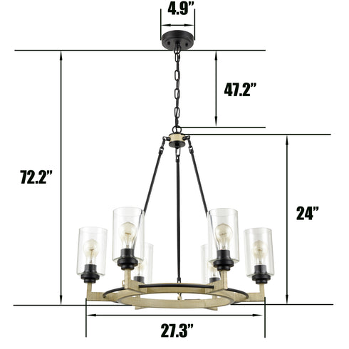 Farmhouse 6 Lights Black Wagon Wheel Pendant Light Large Round Chandelier For Dining Room