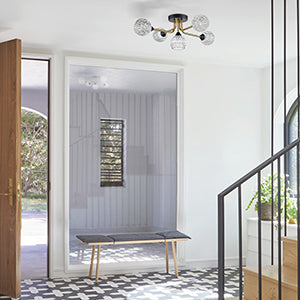 Modern Crystal Ceiling Light Fixture Contemporary 5-Lights Sputnik Chandelier Black and Gold Industrial Semi Flush Mount Ceiling Light