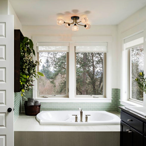 Modern Crystal Ceiling Light Fixture Contemporary 5-Lights Sputnik Chandelier Black and Gold Industrial Semi Flush Mount Ceiling Light