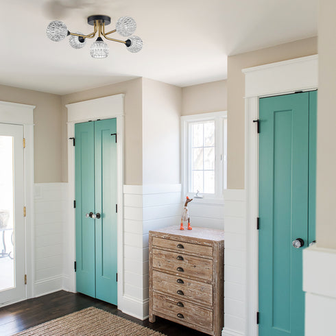 Modern Crystal Ceiling Light Fixture Contemporary 5-Lights Sputnik Chandelier Black and Gold Industrial Semi Flush Mount Ceiling Light