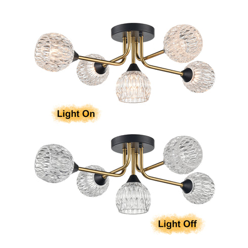 Modern Crystal Ceiling Light Fixture Contemporary 5-Lights Sputnik Chandelier Black and Gold Industrial Semi Flush Mount Ceiling Light