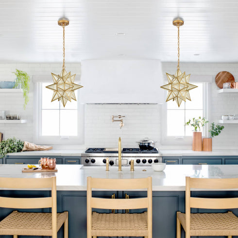 Moravian Star Pendant Chandelier Seeded Glass Gold Light 19 Inches