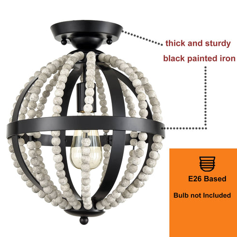 Vintage Globe Boho Wood Beaded Ceiling Light