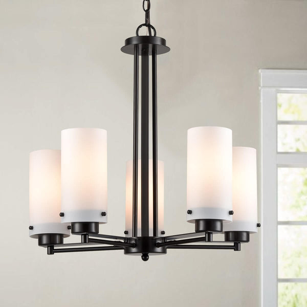 Vintage Industrial Chandelier With Cylinder Cream Glass 5 Lights