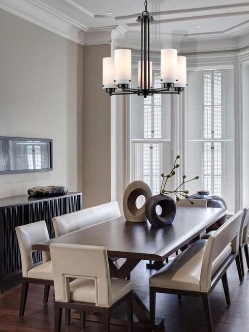 Vintage Industrial Chandelier With Cylinder Cream Glass 5 Lights