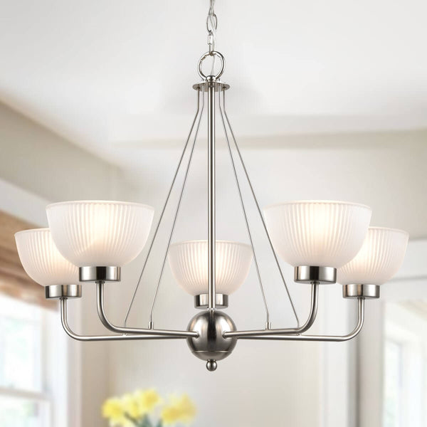 Vintage Satin Nickel Glass Bowl Modern White Chandelier With 5-Lights