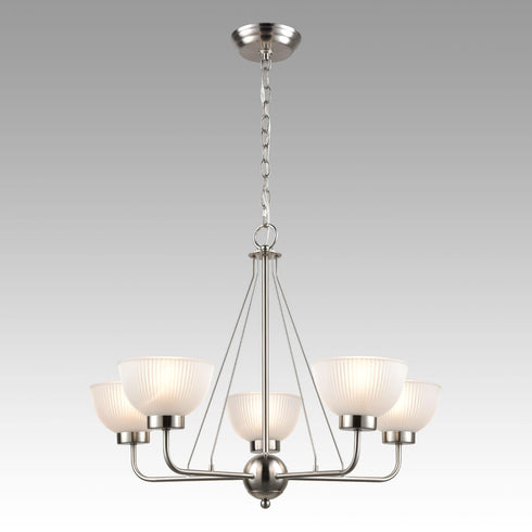 Vintage Satin Nickel Glass Bowl Modern White Chandelier With 5-Lights
