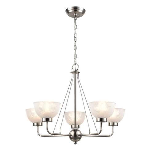 Vintage Satin Nickel Glass Bowl Modern White Chandelier With 5-Lights