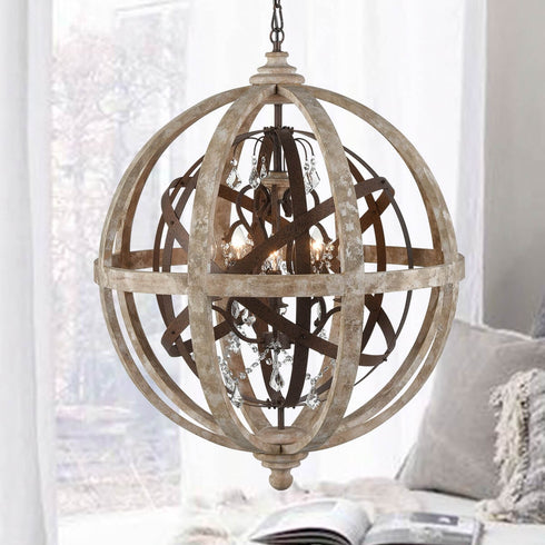 Weathered Wooden Globe Chandelier 5 Light Rustic Metal Crystal Ceiling Lights