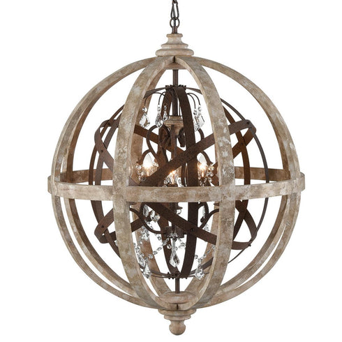 Weathered Wooden Globe Chandelier 5 Light Rustic Metal Crystal Ceiling Lights