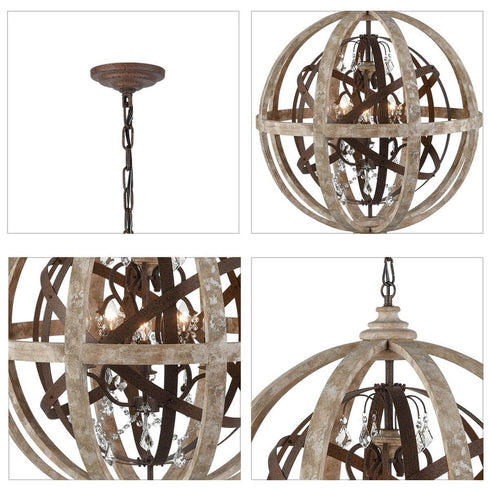 Weathered Wooden Globe Chandelier 5 Light Rustic Metal Crystal Ceiling Lights
